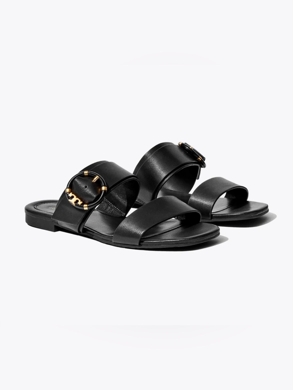 Tory Burch multi logo flat Black Leather Slide Sandals with Gold-Tone Buckle